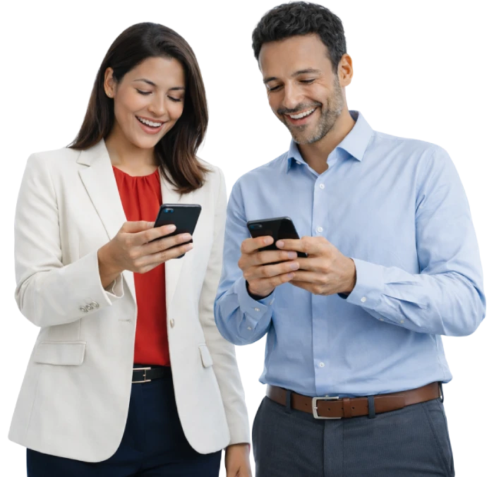 Two business professionals making mobile payments on their smartphones
